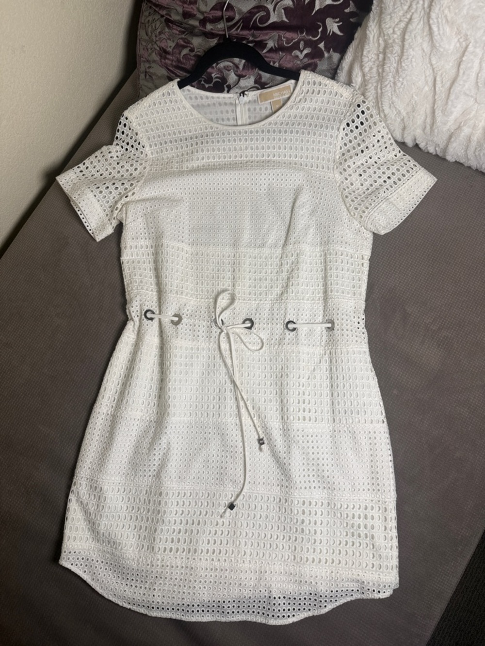 Michael Kors Cream Eyelet Short Sleeve Drawstring Mini Dress
